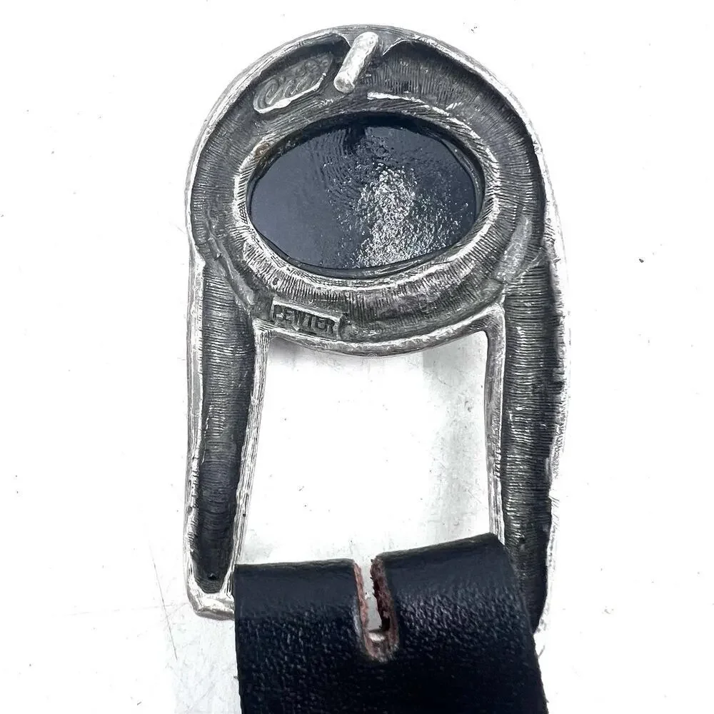 Vintage Black Leather Hip Hook Belt with Removable Pewter Buckle Womens 40